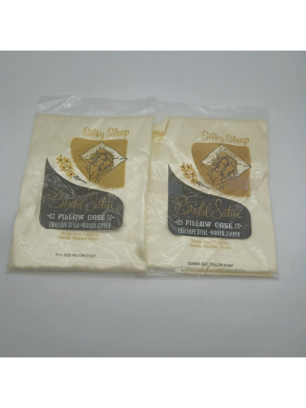 Vintage Bridal Satin Set Of 2 Silk Pillowcases Ivory In Packages